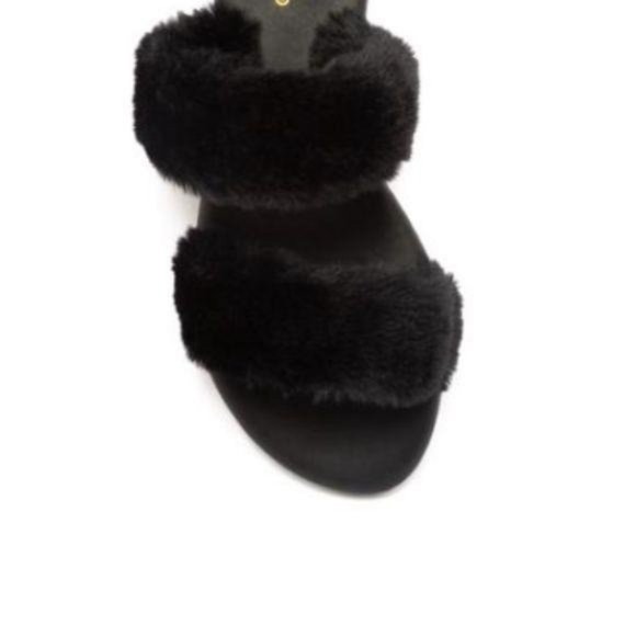 Black Faux Fur Double Band Slides - Picture 3 of 5